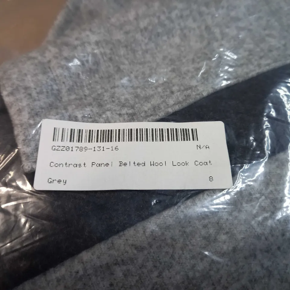 PACKAGED BOOHOO GREY CONTRAST PANEL BELTED WOOL LOOK COAT - SIZE 8
