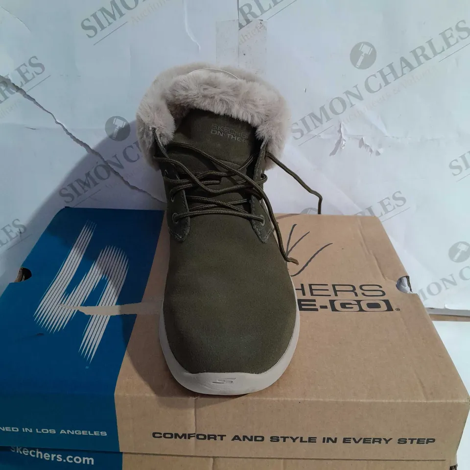 BOXED SKECHERS GO WALK STABILITY SUEDE BOOTS, OLIVE - SIZE 5 1/2