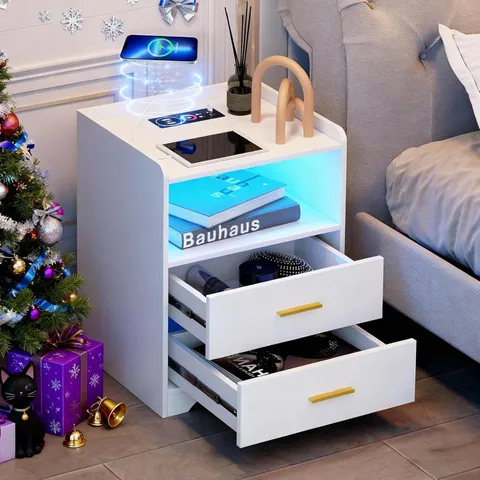 BOXED WHITE LED NIGHTSTAND WITH CHARGING STATION AND 24-COLOR RGB LIGHTS NIGHTSTAND - WHITE