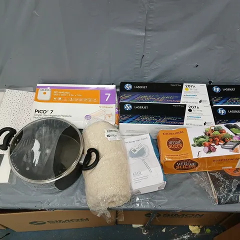 BOX OF APPROXIMATELY 12 ASSORTED ITEMS TO INCLUDE - LASERJET TONERS, WOUND THERAPY SESSION, AND KITCHEN PREPER ETC. 