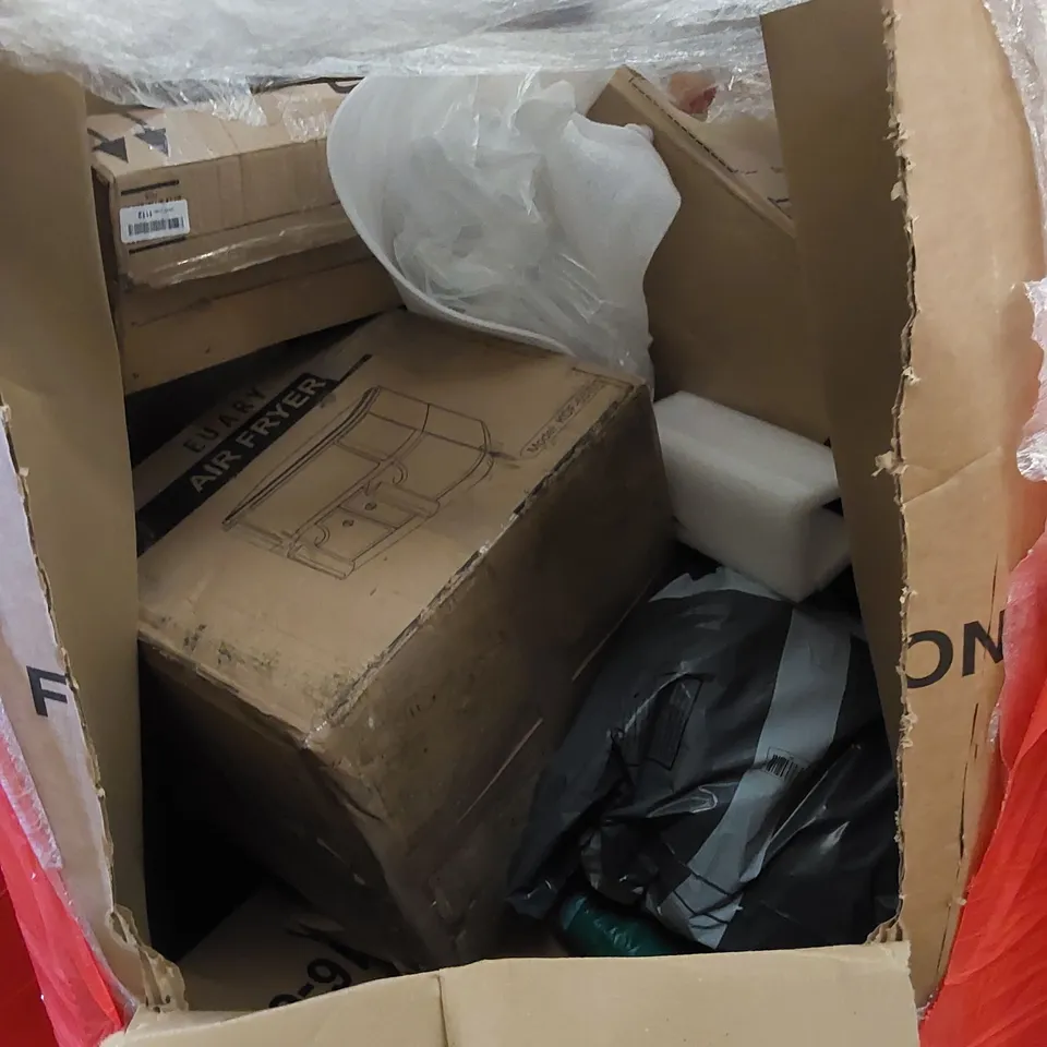 PALLET TO CONTAIN ASSORTED HOUSEHOLD ITEMS AND CONSUMER PRODUCTS. INCLUDING AIR FRYER, DECOR, BOXED FURNITURE ETC