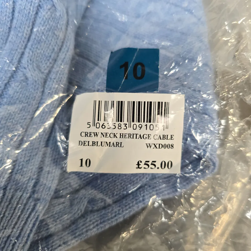 CREW CLOTHING COMPANY HERITAGE CABLE KNIT CREW NECK SWEATER – UK 10, LIGHT BLUE