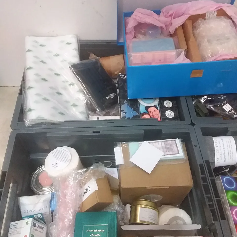 4 TOTES OF ASSORTED ITEMS INCLUDING, ASSORTED BRANDED CANDLES, DIFFUSER REFILLS, TOMMEE TIPPEE BABY MONITOR AND LED DOG COLLAR 