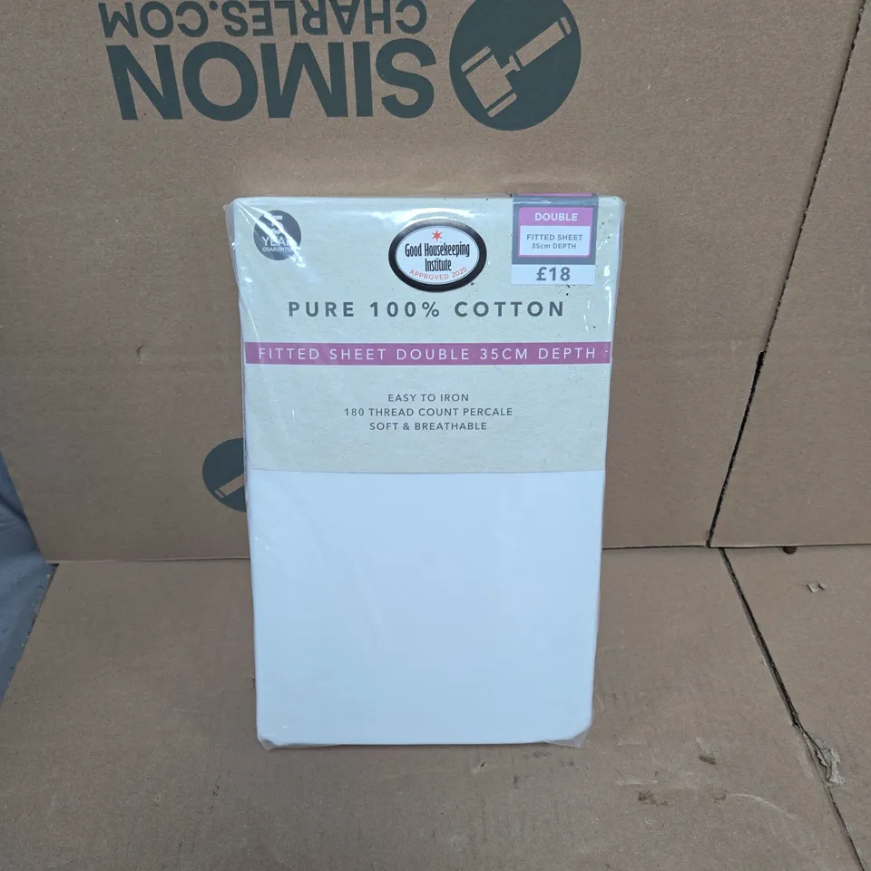 GOOD HOUSEKEEPING INSTITUTE PURE 100% COTTON FITTED SHEET IN WHITE - DOUBLE