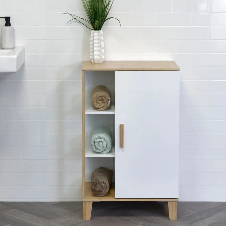 BOXED MUHEDIN 50CM W X 80CM H X 31CM D FREE-STANDING BATHROOM CABINET - BAMBOO/WHITE (1 BOX)