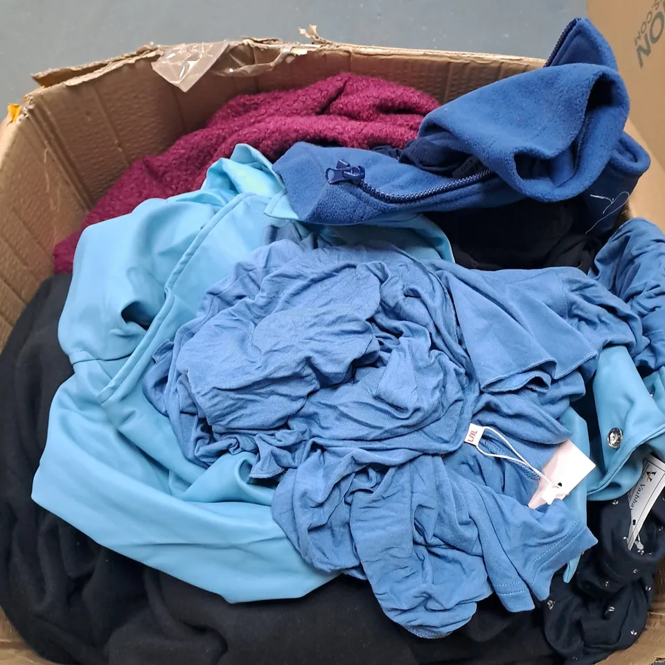 APPROXIMATELY 20 CLOTHING ITEMS TO INCLUDE TOPS, TROUSERS AND JACKETS. ASSORTED COLOURS, SIZES AND STYLES