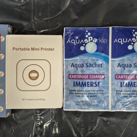 APPROXIMATELY 10 ASSORTED HOUSEHOLD ITEMS TO INCLUDE AQUASPARKLE CARTRIDGE CLEANER, PORTABLE MINI PRINTER, ETC
