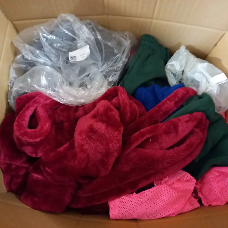  BOX OF ASSORTED CLOTHING ITEMS TOO INCLUDE DRESSES , SHIRTS AND TROUSERS IN VARIOUS SIZES AND COLOURS   