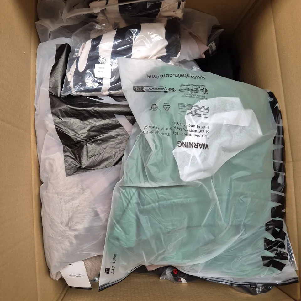 LARGE BOX OF ASSORTED CLOTHING ITEMS IN VARIOUS SIZES, STYLES AND COLOUR 