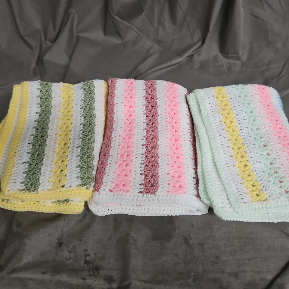 LOT OF 3 CROCHET BABY BLANKETS IN ASSORTED COLOURS