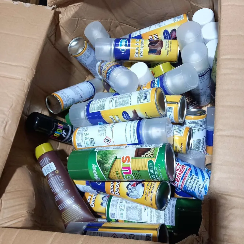 APPROXIMATELY 45 ASSORTED AREOSOLS AND CREAMS TO INCLUDE; SHUU SHOE AND BOOT DEODORANT, PAINT FACTORY GARDEN COLOURS, RAPIDE CONTACT CLEANER AND XHC ARGAN OIL CONDITIONER
