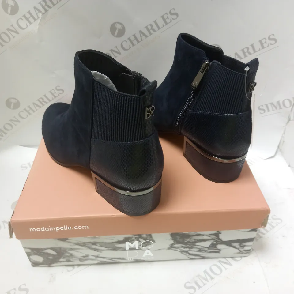 BOXED LILITH NAVY SUEDE CAGE HEEL ANKLE BOOTS - SIZE 6