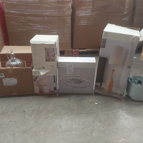 PALLET CONTAINING A VERY LARGE QUANTITY OF ASSORTED DESIGNER LIGHTING PRODUCTS INCLUDING: AMALFI TABLE LAMPS, FLUSH CEILING LIGHT, SALA FLOOR LAMP ECT