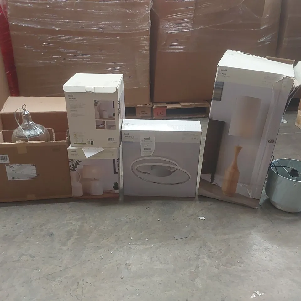 PALLET CONTAINING A VERY LARGE QUANTITY OF ASSORTED DESIGNER LIGHTING PRODUCTS INCLUDING: AMALFI TABLE LAMPS, FLUSH CEILING LIGHT, SALA FLOOR LAMP ECT