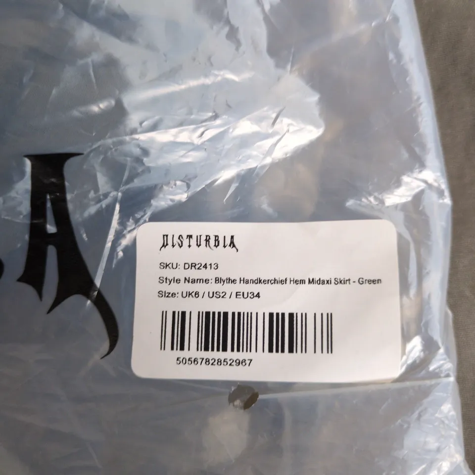 DISTURBIA BLYTHE HANDKERCHIEF HEM MIDAXI SKIRT – GREEN, UK8 (US2 / EU34)