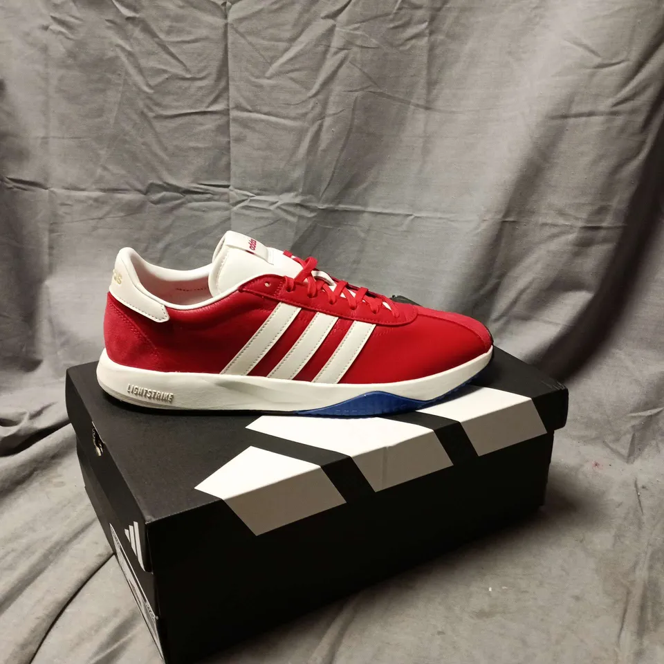 ADIDAS LIGHTSTRIKE TRAINERS – RED AND WHITE WITH BLUE OUTSOLE - UK MEN'S SIZE 10
