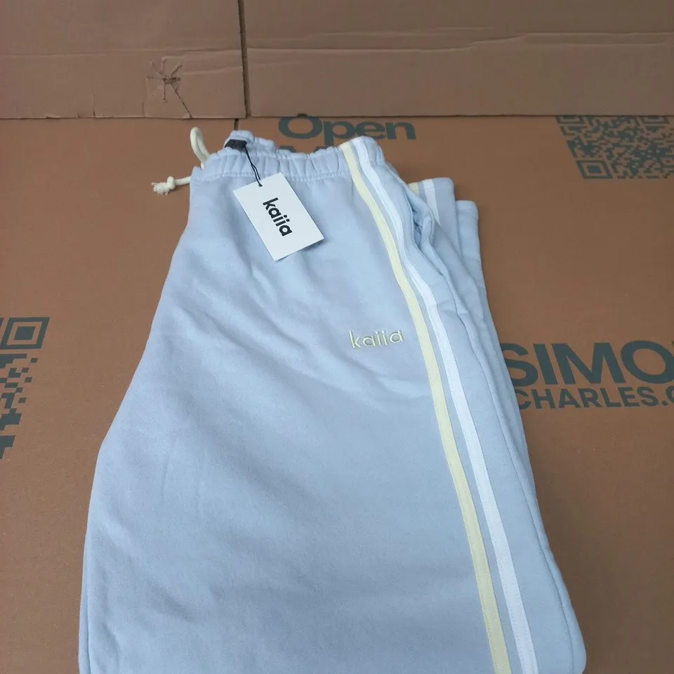 KAÏLA SIDE STRIPE WIDE LEG JOGGERS – DUSTY BLUE & LEMON, UK 14