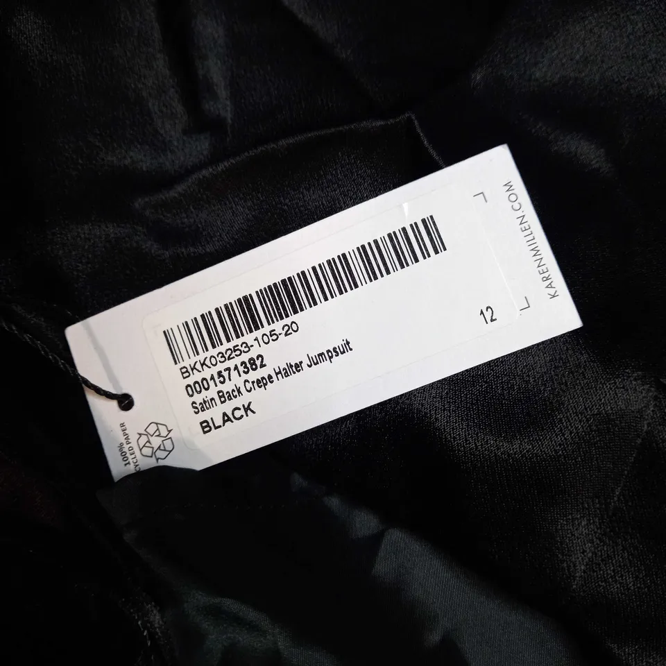 KAREN MILLEN BLACK SATIN BACK HALTER JUMPSUIT - SIZE 12