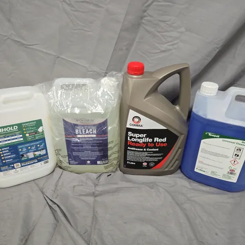 LOT OF 4 HOUSEHOLD LIQUIDS TO INCLUDE TEEPOL UNIVERSAL CLEANER - COMMA SUPERLONG LIFE ANTIFREEZE AND MCKLORDS BLEACH - 5L PER BOTTLE