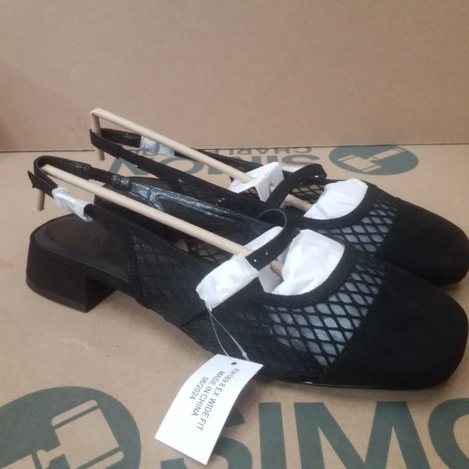 BOX CONTAINING APPROXIMATELY 9 PAIRS OF BRAND NEW SIMPLY BE BLACK JUPITER EXTRA WIDE STRAP-BACK MESH FLATS - SIZE 8