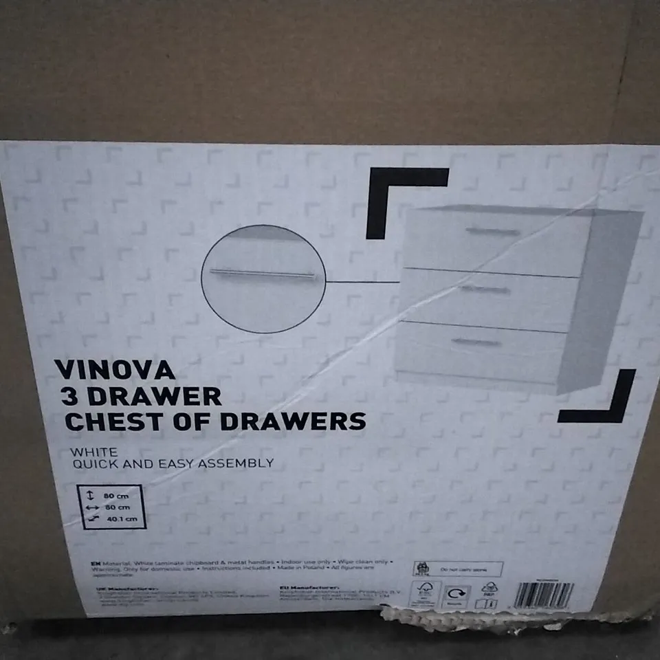 BOXED VINOVA 3 DRAWER CHEST OF DRAWERS WHITE 