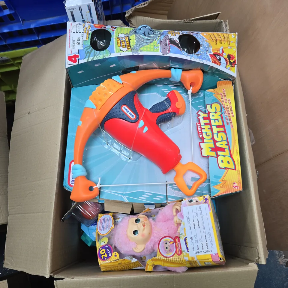 BOX OF APPROXIMATELY 10 ASSORTED TOYS INCLUDING LITTLE LIVE PETS MONKEY, MY FIRST MGHTY BLASTER AND FART NINJA