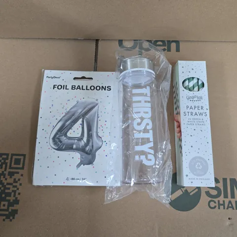 APPROXIMATELY 15 ASSORTED HOUSEHOLD PRODUCTS TO INCLUDE #4 FOIL BALLOONS, PAPER STRAWS AND THIRSTY DRINKS BOTTLE