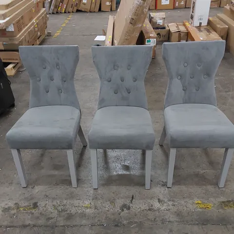 3 X ASSORTED DESIGNER GREY UPHOLSTERED BUTTON-BACK DINING CHAIRS