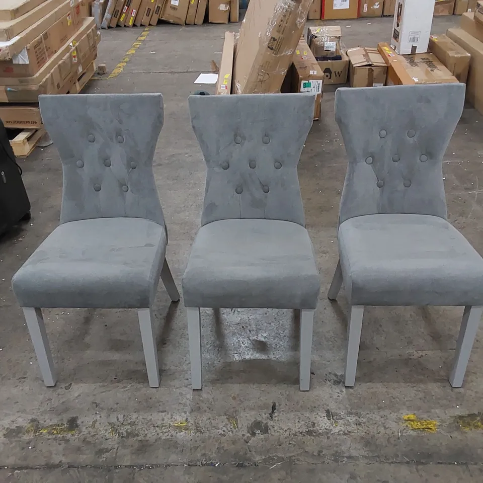 3 X ASSORTED DESIGNER GREY UPHOLSTERED BUTTON-BACK DINING CHAIRS 