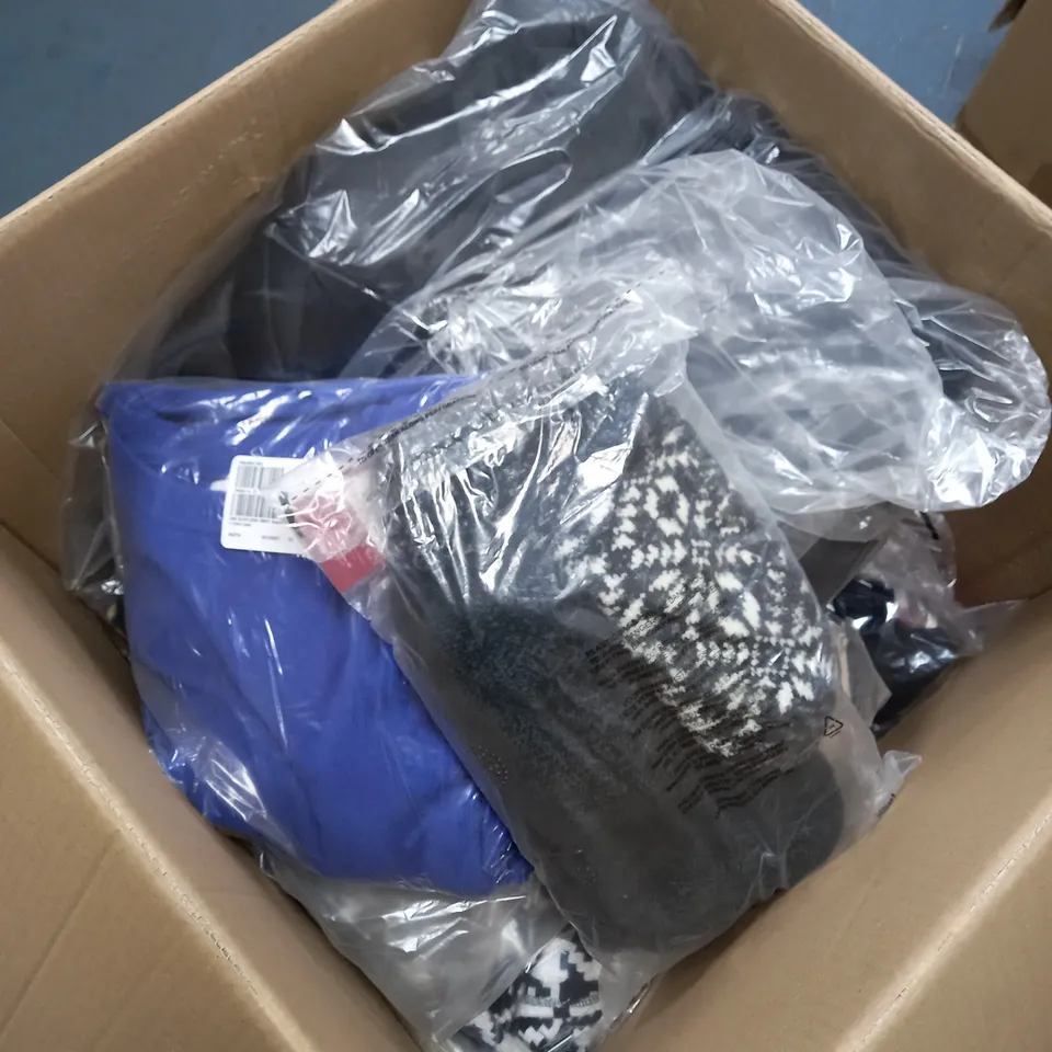 BOX OF ASSORTED CLOTHING ITEMS TOO INCLUDE BAGS , TOPS, AND TROUSERS   ETC. 