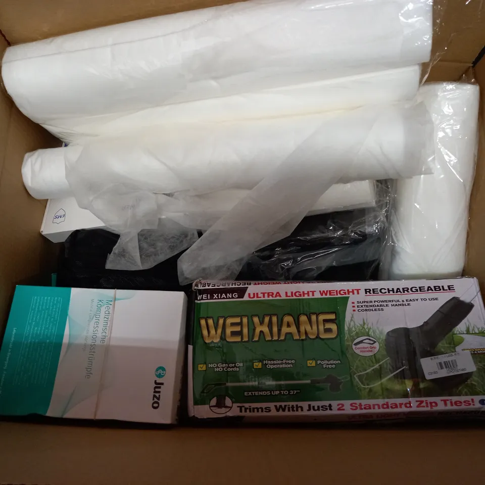 BOX OF APPROXIMATELY 20 ASSORTED ITEMS TO INCLUDE MEDICAL COMPRESSION STOCKINGS, EMS ABDOMINAL MUSCLE TONER, WEI XIANG LIGHTWEIGHT RECHARGEABLE TRIMMER, ETC