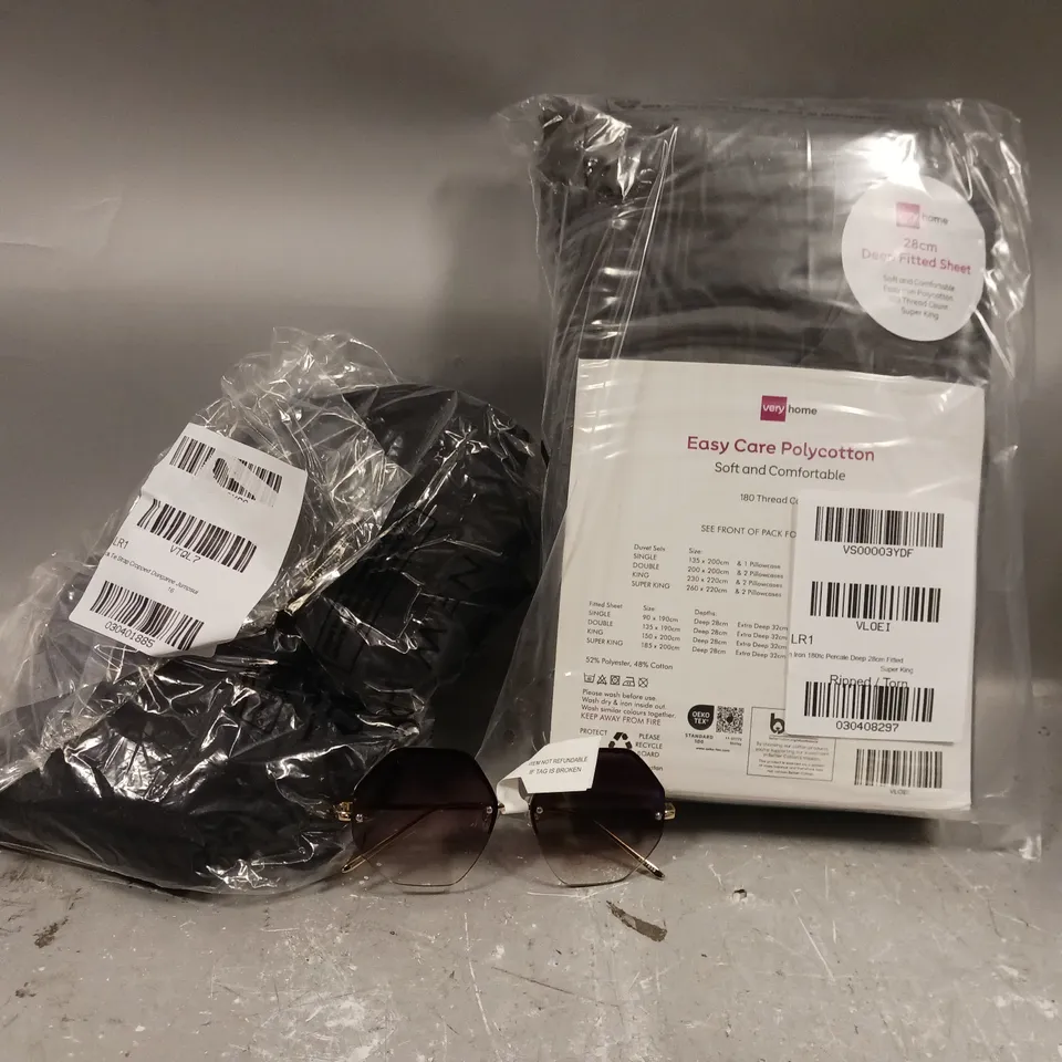 BOX OF APPROXIMATELY 5 ASSORTED ITEMS TO INCLUDE - BLACK JUMPSUIT , DEEO FITTED SHEET FOR SUPER KING , VERY SUNGLASSES ETC