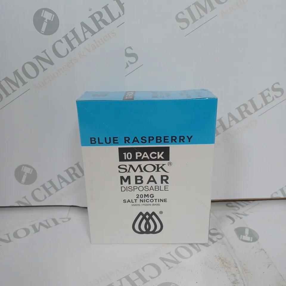 BOX OF APPROXIMATELY 10 BOXES OF BLUE RASPBERRY 10 PACK SMOK M BAR DISPOSABLE 20MG SALT NICOTINE - SEALED
