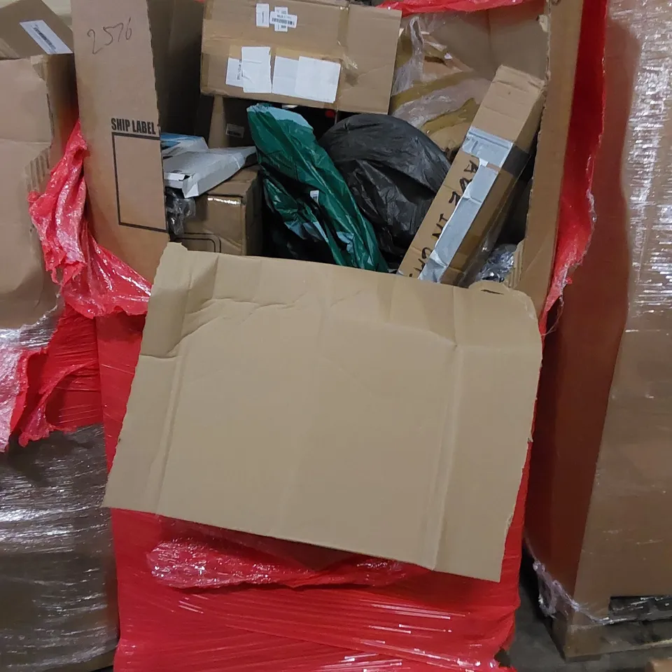PALLET TO CONTAIN ASSORTED HOUSEHOLD ITEMS AND CONSUMER PRODUCTS. INCLUDING DISPENSERS WITH STANDS, ROTARY DEHUMIDIFIER, BOXED FURNITURE ETC