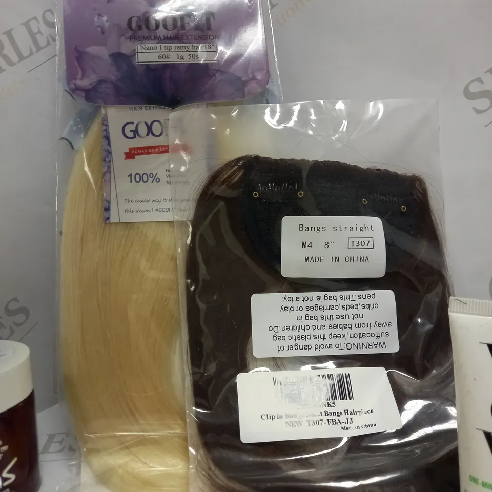 LOT OF APPROX 9 TO INCLUDE SANDALWOOD HAIR TOOL , HAIR EXTENSIONS , CARRIER OIL , ETC