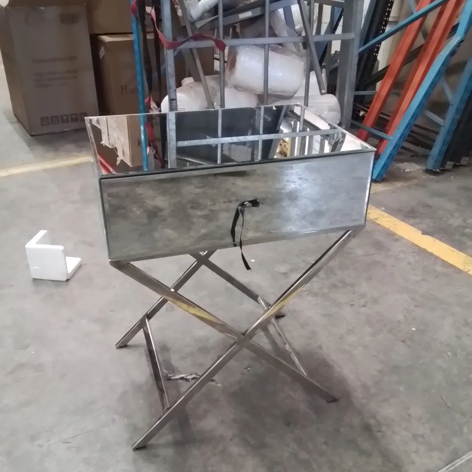 BRAND NEW HOMESDIRECT365 MIRRORED BEDSIDE TABLE WITH METAL CROSS LEGS