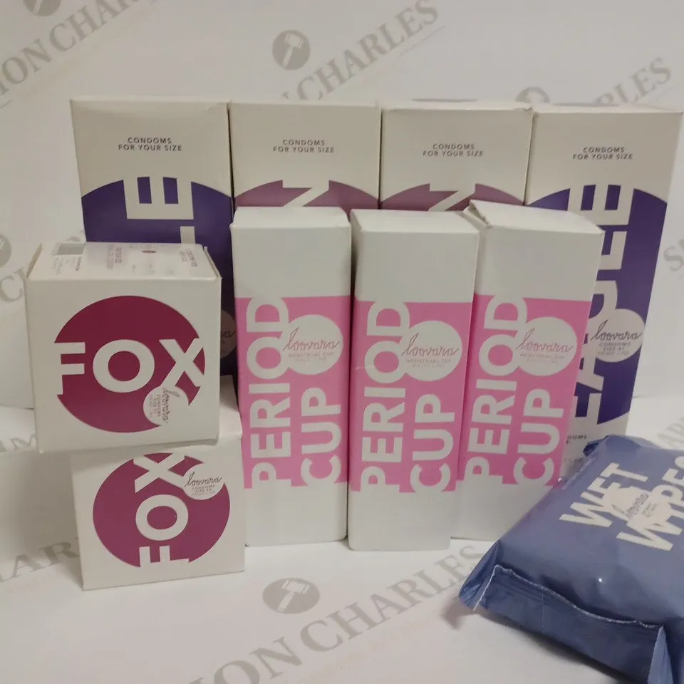 LOT OF 10 ASSORTED LOOVARA PRODUCTS TO INCLUDE CONDOMS, MENSTRUAL CUPS AND WET WIPES 