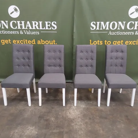 SET OF 4 REGENT SLATE GREY FABRIC BUTTON BACK DINING CHAIRS WITH WHITE LEGS