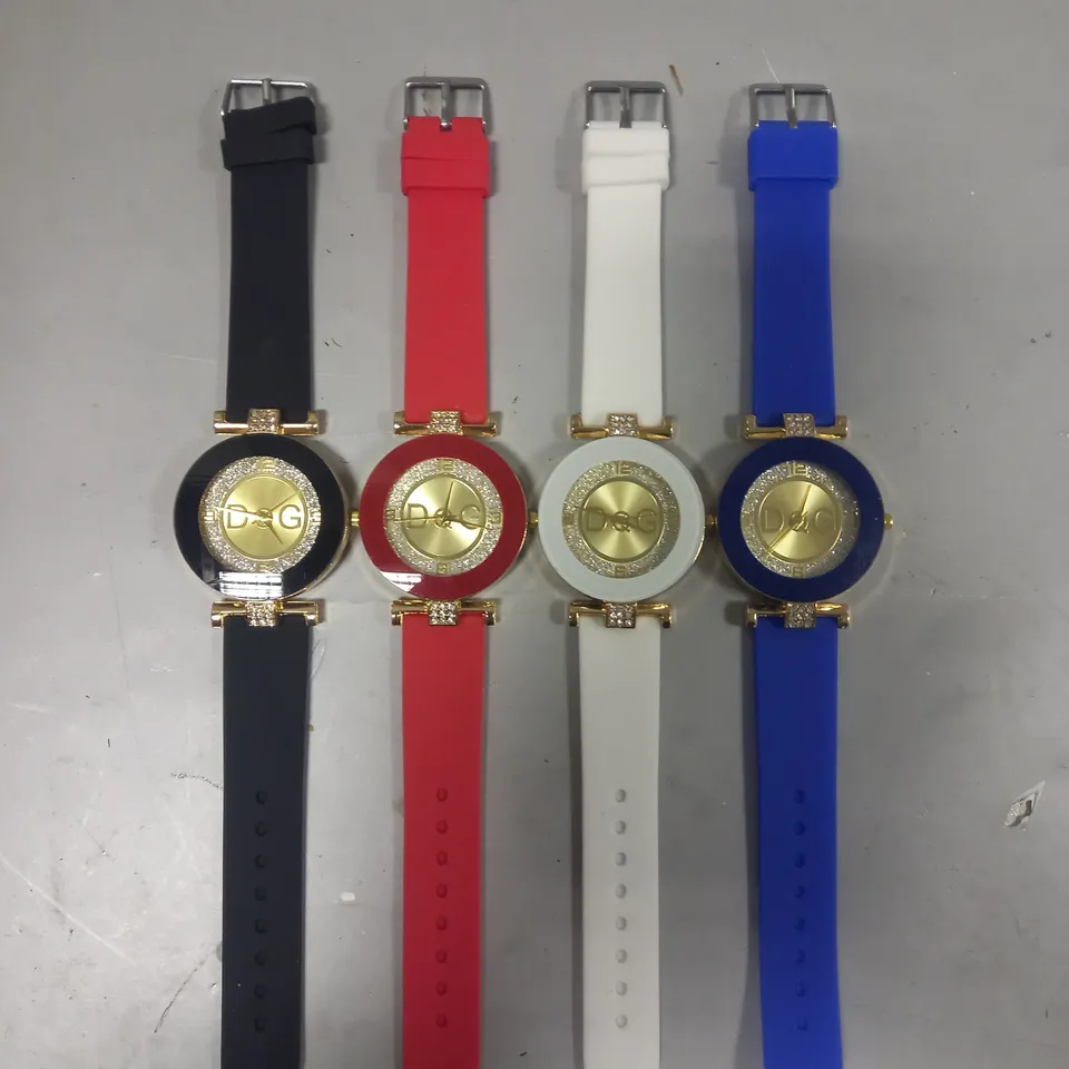 FOUR ASSORTED DQG WATCHES IN VARIOUS COLOURS W. DIAMANTE EFFECT