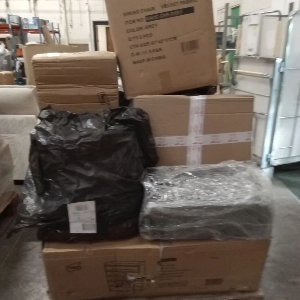PALLET OF ASSORTED HOUSEHOLD GOODS AND PRODUCTS TO INCLUDE;DINING CHAIRS,STORAGE CABINET, BOOKSHELF