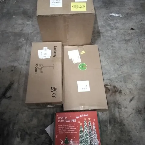 PALLET OF HOUSEHOLD ITEMS TO INCLUDE GOLF SWING TRAINER, SCOOTER, GLASS CHANDELIER, CHRISTMAS POP UP TREE AND OTHER ASSORTED ITEMS...