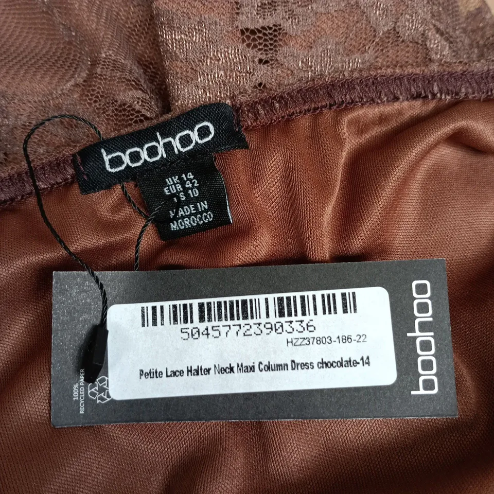 BOOHOO PETITE LACE HALTER NECK MAXI DRESS – CHOCOLATE, UK 14