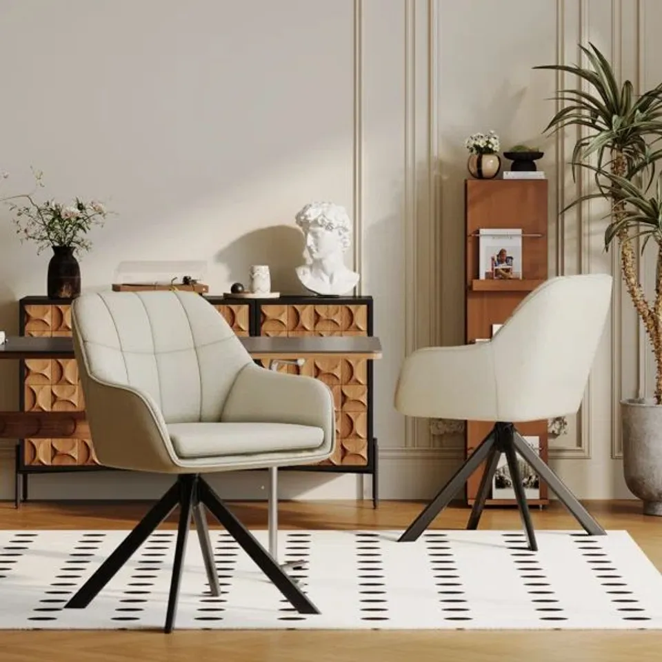 BOXED PAIR OF 51CM H UPHOLSTERED ARM DINING CHAIRS - BEIGE