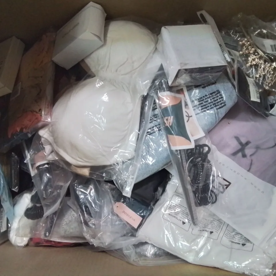 BOX CONTAINING LARGE AMOUNT OF MIXED FASHION ITEMS, SILVER PLATE AND COSTUME JEWELLERY, CLOTHING ITEMS ETC.