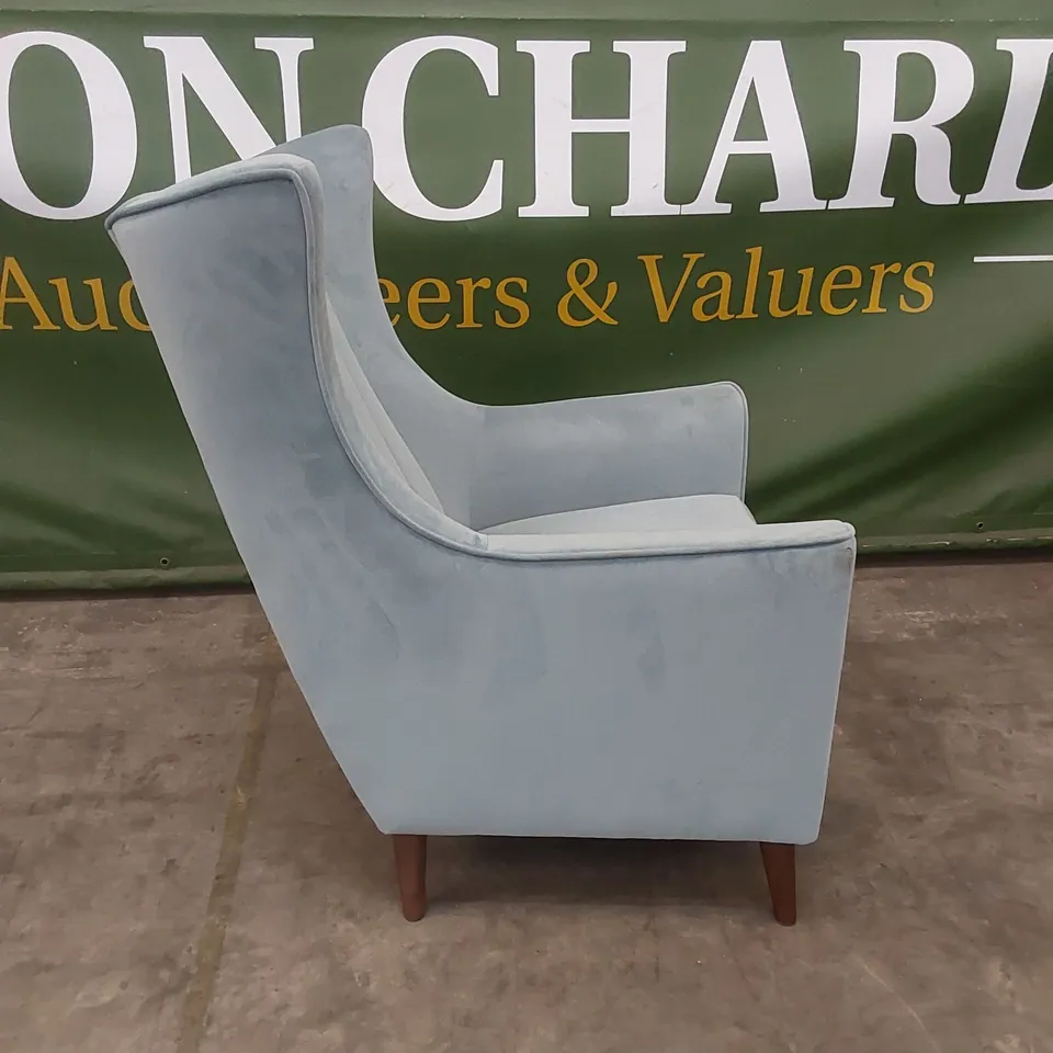 DESIGNER TURQUOISE VELVET UPHOLSTERED TALL WING-BACK CHAIR