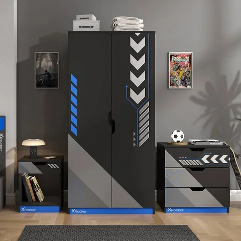 BOXED X ROCKER OCTANE 3 PIECE BEDROOM FURNITURE SET - BLACK/BLUE (4 BOXES)