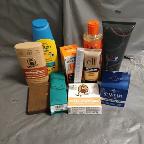 APPROXIMATELY 20 ASSORTED HEALTH & BEAUTY PRODUCTS TO INCLUDE ELF SOFT GLAM SATIN FOUNDATION, WONDERSKIN LIP STAIN, DR SQUATCH SOAP BAR, ETC