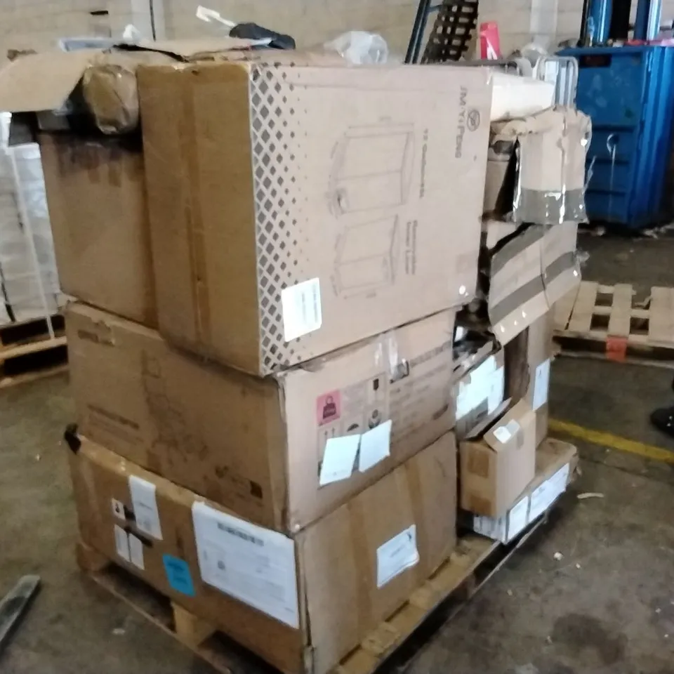 PALLET OF ASSORTED HOUSEHOLD GOODS AND PRODUCTS TO INCLUDE;ICE MOULDS,PORTABLE ANGLE GRINDER,SUN GLASSES,UV PAINT SETS,TRASH CAN,OFFICE CHAIR