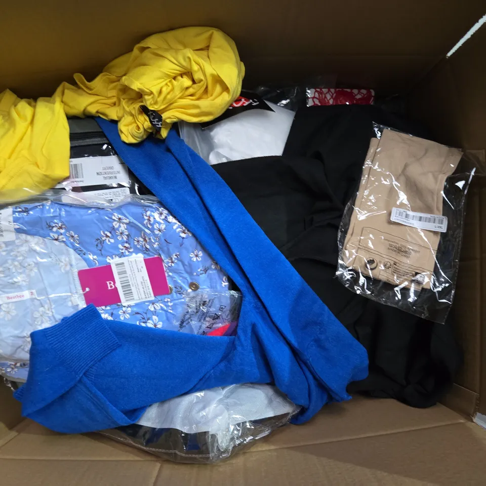 BOX OF ASSORTED CLOTHING ITEMS IN DIFFERENT SIZES AND STYLES  / COLLECTION ONLY 