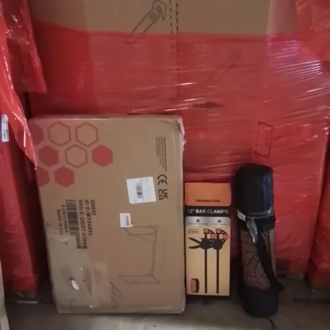 PALLET OF ASSORTED HOUSEHOLD GOODS AND PRODUCTS TO INCLUDE;BAR CLAMPS,MAT,DESK